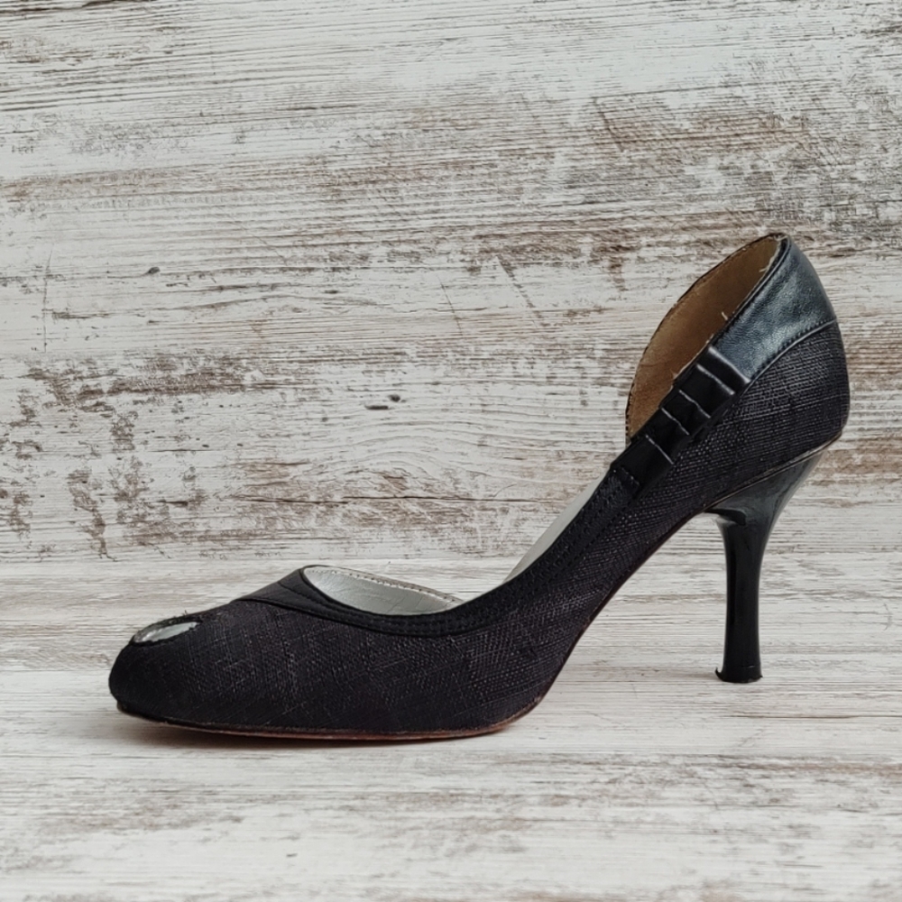 C Label Black Leather Peep Toe D'orsay Pump